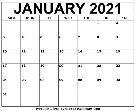 2021 Jan Calendar Printable